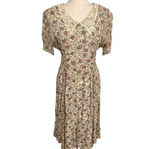 Betsy Lauren Dress Womens 14P Beige Green Floral Cottagecore Lace Prairie Midi
